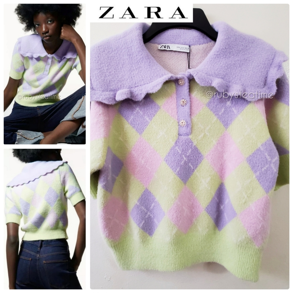 ZARA Pastel Argyle Polo Short Sleeve Sweater,Rhinestone Buttons,Wide Collar, NWT